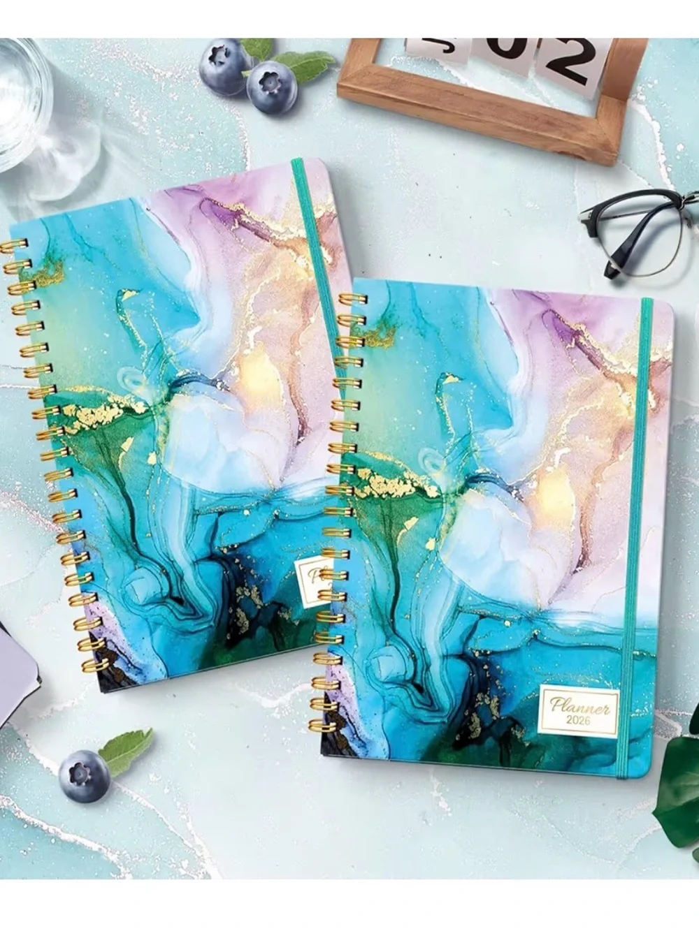 2026 Marble Effect Spiral Planner - Teal & Gold